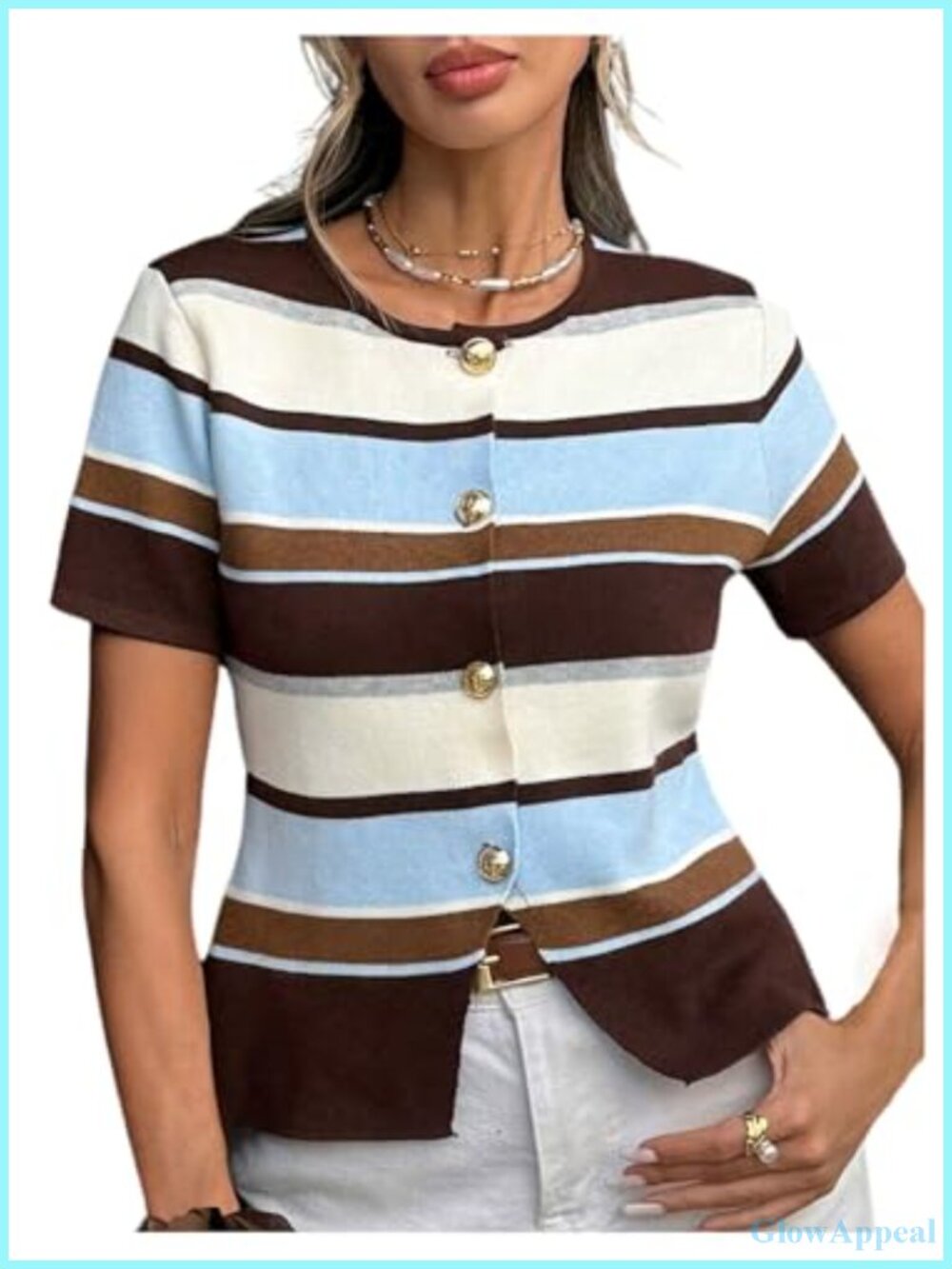 Short Sleeve Cardigan Sweater Striped Color Block Knit Top
